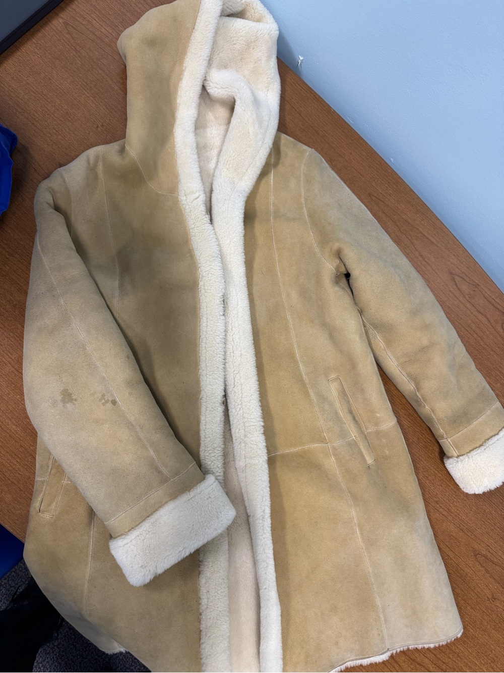 Marvin Richards Vintage mens Tan Hooded Faux Shearling Pea Coat